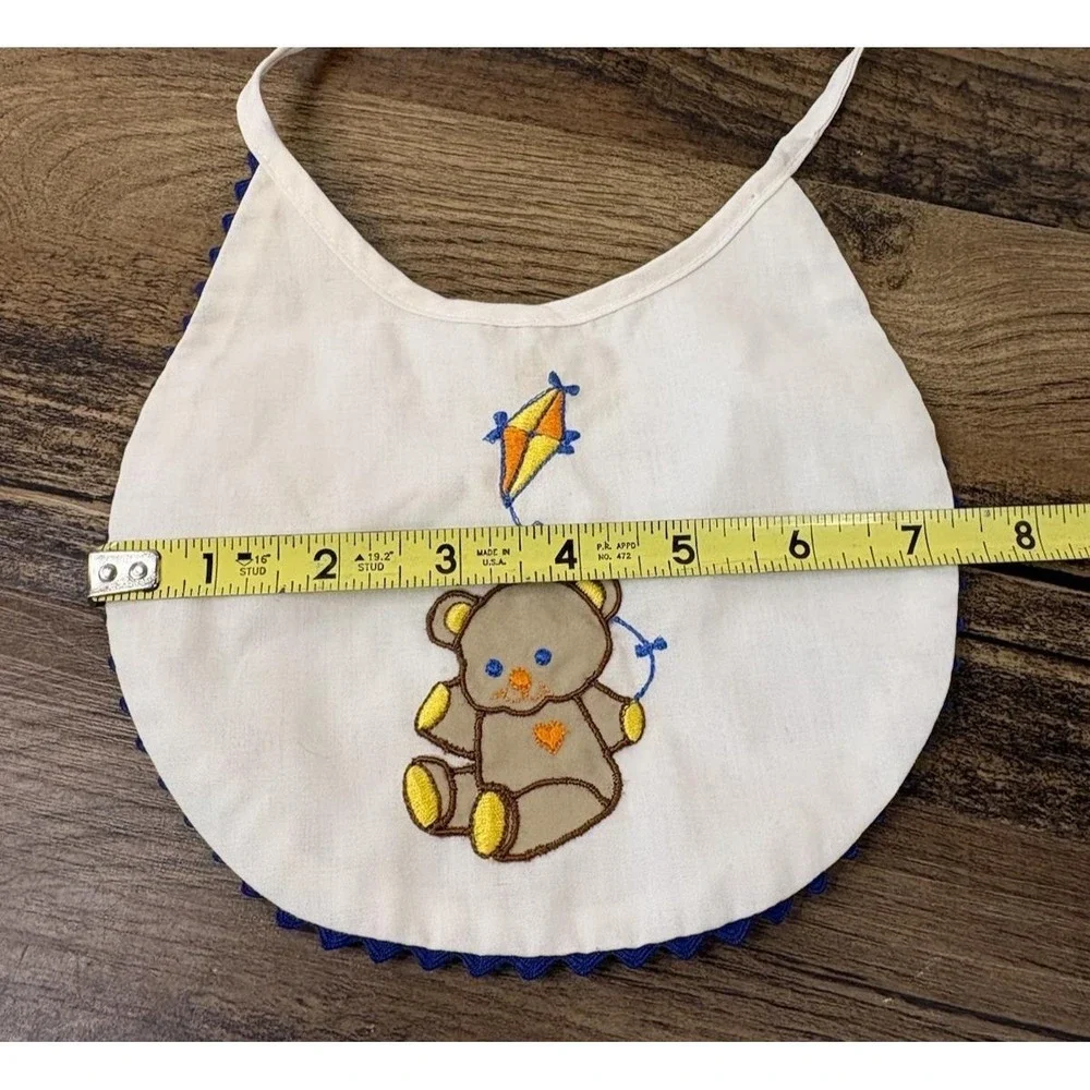 Vintage Hand Embroidered Baby Bib Teddy Bear Flying Kite